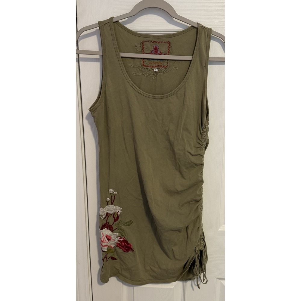 Johnny Was Tank Shift Dress FLAWED Sage Green Embroidered Floral Ruched Boho S